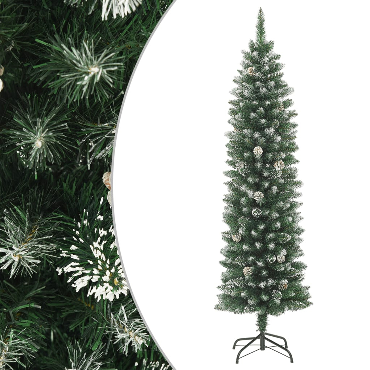 Ein schlanker grüner Weihnachtsbaum mit schneegleichen Akzenten und Tannenzapfen. Er steht auf einem schwarzen Metallsockel vor weißem Hintergrund.