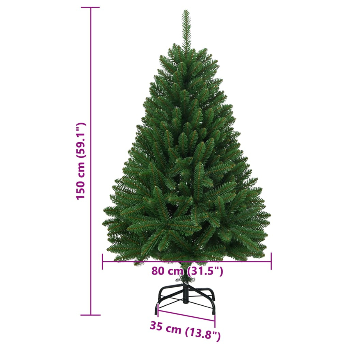 Ein grüner künstlicher Weihnachtsbaum mit den Maßen: 150 cm (Höhe), 80 cm (Breite) und 35 cm (Basis). Er steht auf einem schwarzen Metallständer.