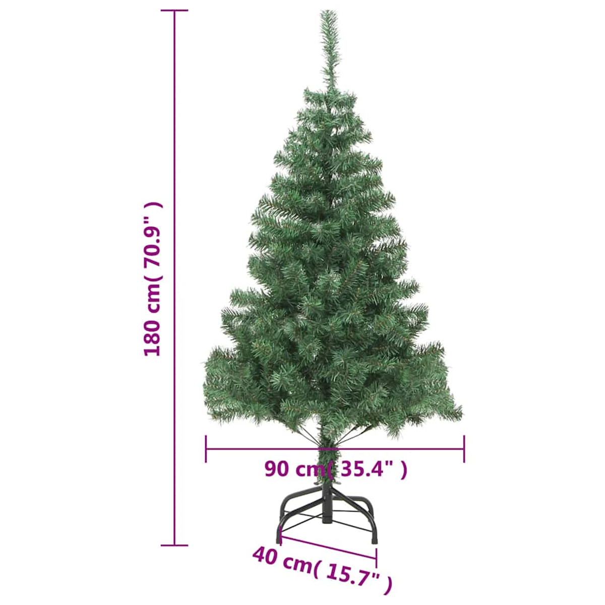 Ein grüner künstlicher Weihnachtsbaum. Maße: 180 cm hoch, 90 cm breit und 40 cm Basis. Er steht auf einem schwarzen Metallsockel.