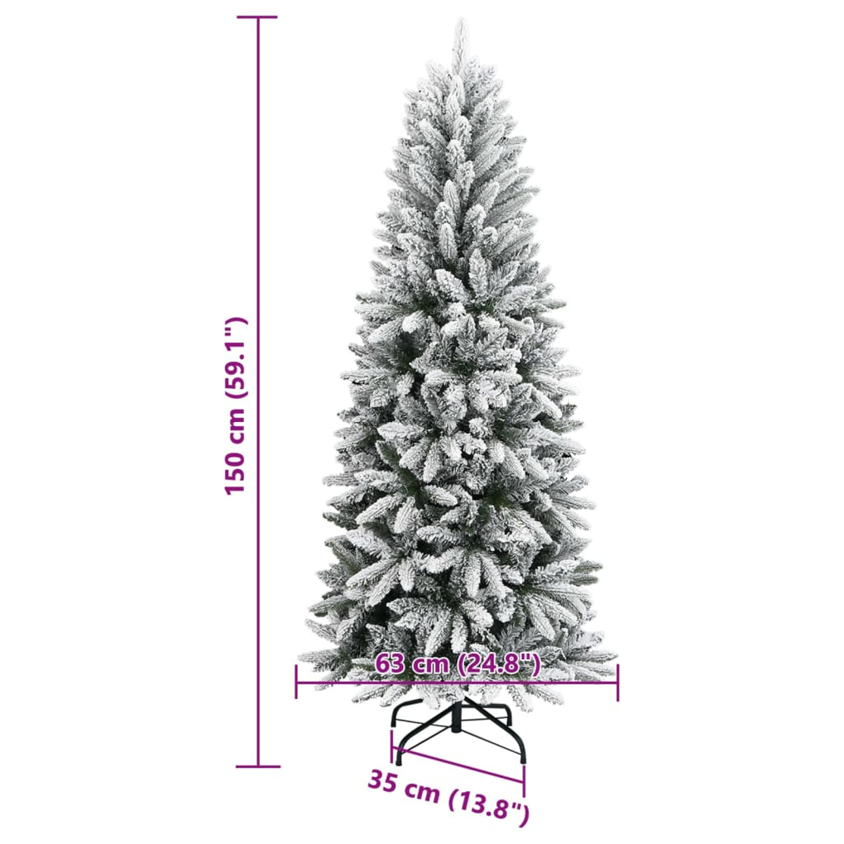 Ein künstlicher, schneebedeckter Weihnachtsbaum. Maße: 150 cm hoch, 63 cm breit an der Basis und ein Ständer von 35 cm Breite.
