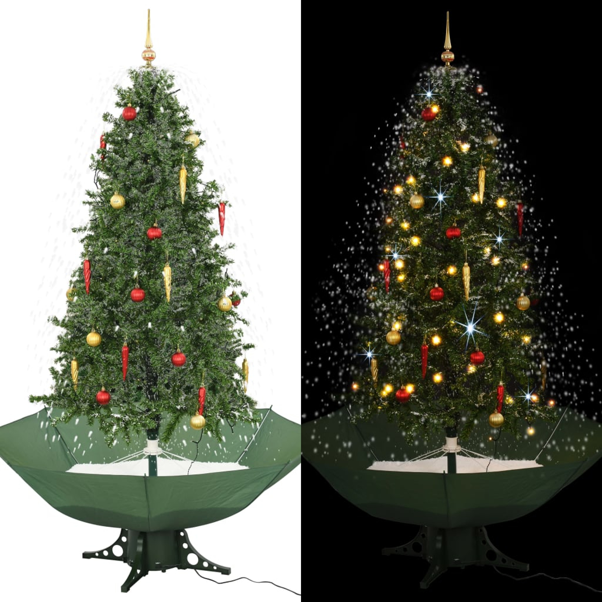 Ein geschmückter Weihnachtsbaum mit Ornamenten, Lichtern und einem Sternaufsatz. Er steht in einem grünen Ständer mit einem grünen Auffangbecken.