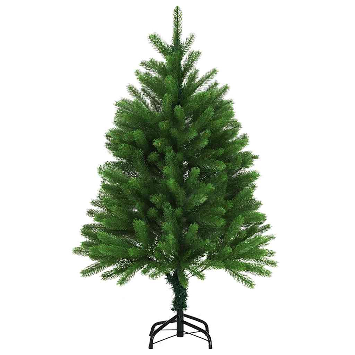 Ein grüner künstlicher Weihnachtsbaum steht auf einem schwarzen Metallsockel vor weißem Hintergrund. Der Baum ist voll und symmetrisch.