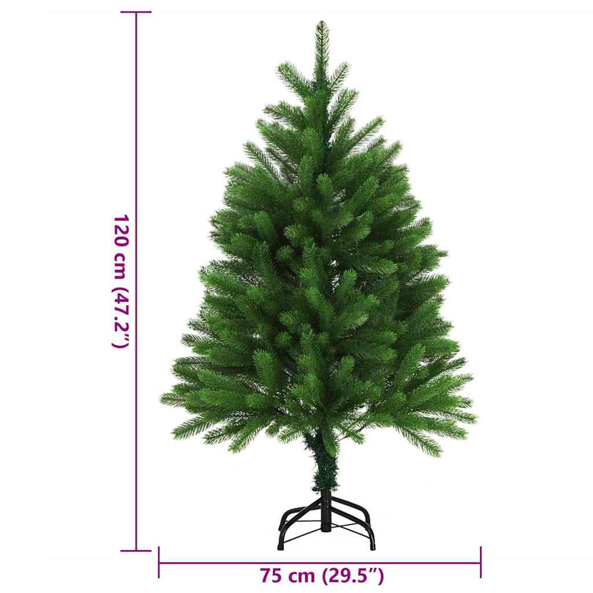 Ein grüner künstlicher Weihnachtsbaum auf einem schwarzen Ständer. Er ist 120 cm (47,2") hoch und 75 cm (29,5") breit.