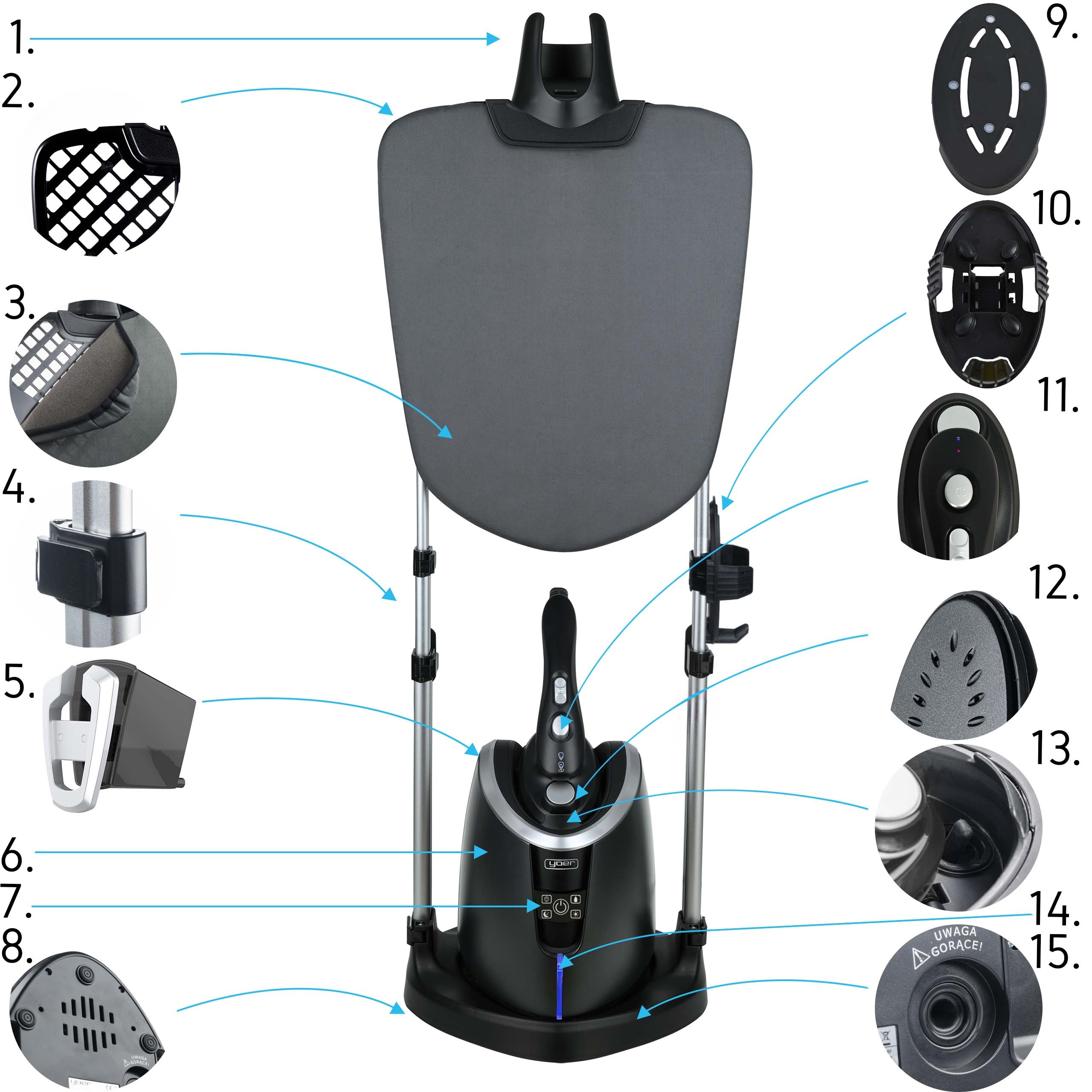 Zdemontowane urządzenie do prasowania parą z szarą deską do prasowania, czarną podstawą i różnymi częściami.