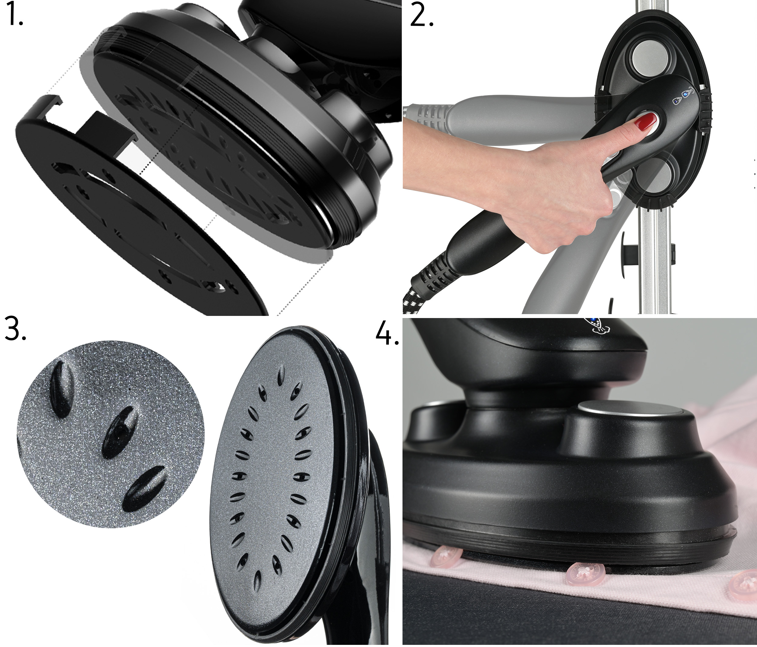 Zbliżenie czarnego parowaru do ubrań. Sekcje pokazują płytę podstawy, panel sterowania z przyciskiem i szczegóły otworów.