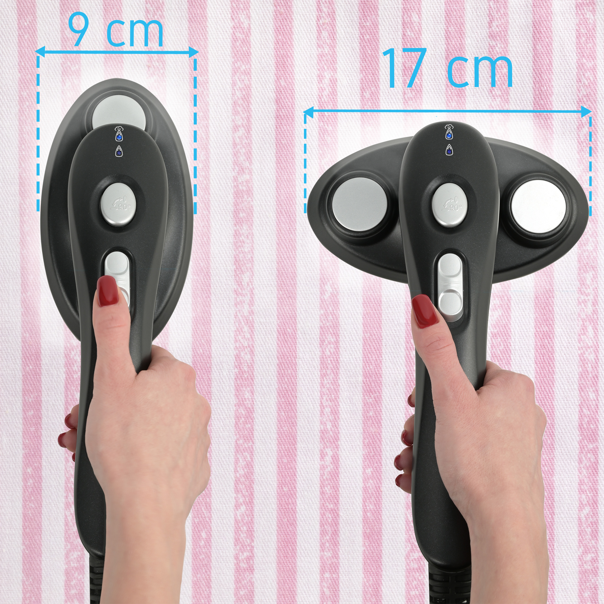 Dwie czarne parownice do odzieży trzymane są przez dłonie z czerwonymi paznokciami. Różowe paski w tle. Wskazane wymiary 9 cm i 17 cm.