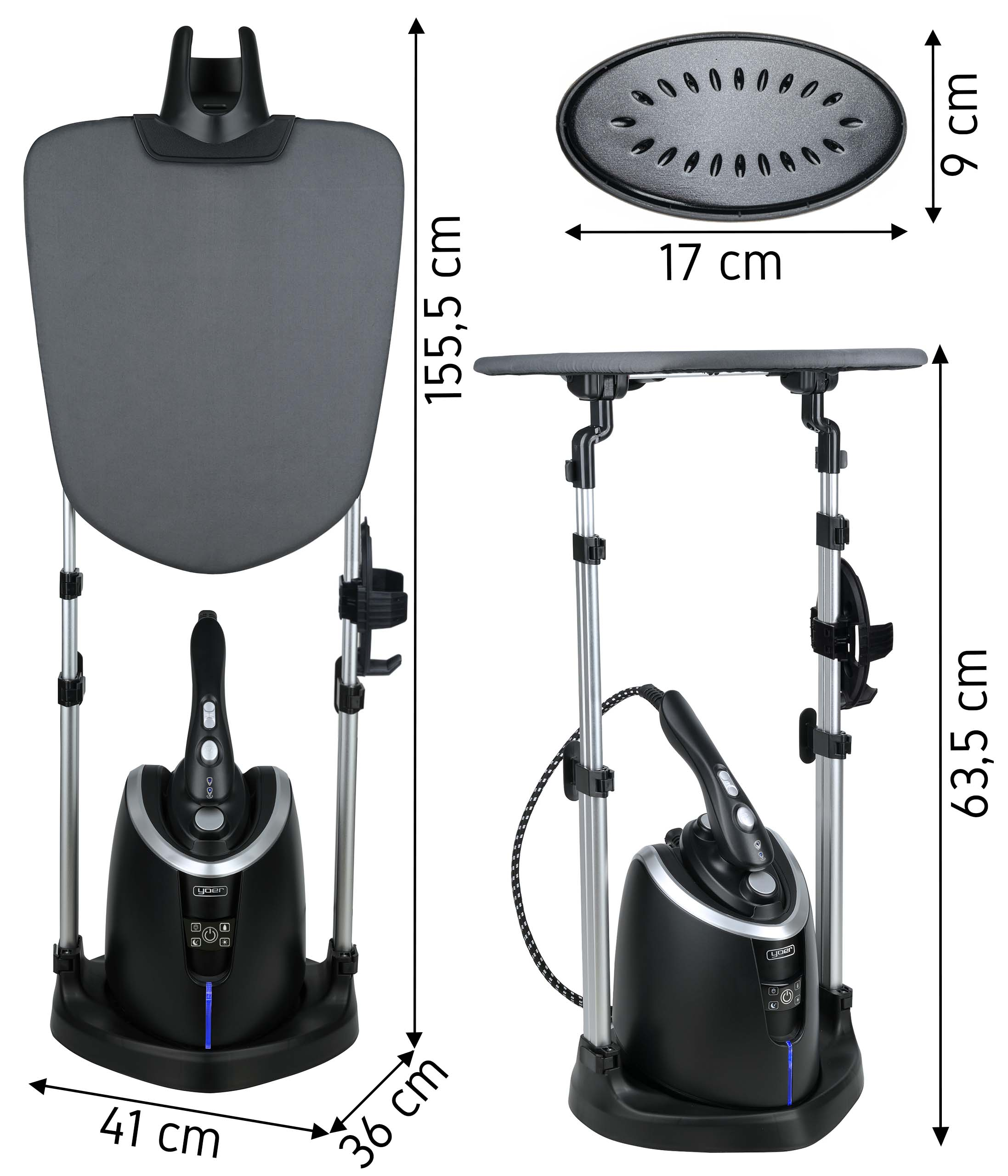 Czarno-srebrny parownik do odzieży z wymiarami. Widoczna głowica parowa, podstawa i deska do prasowania.