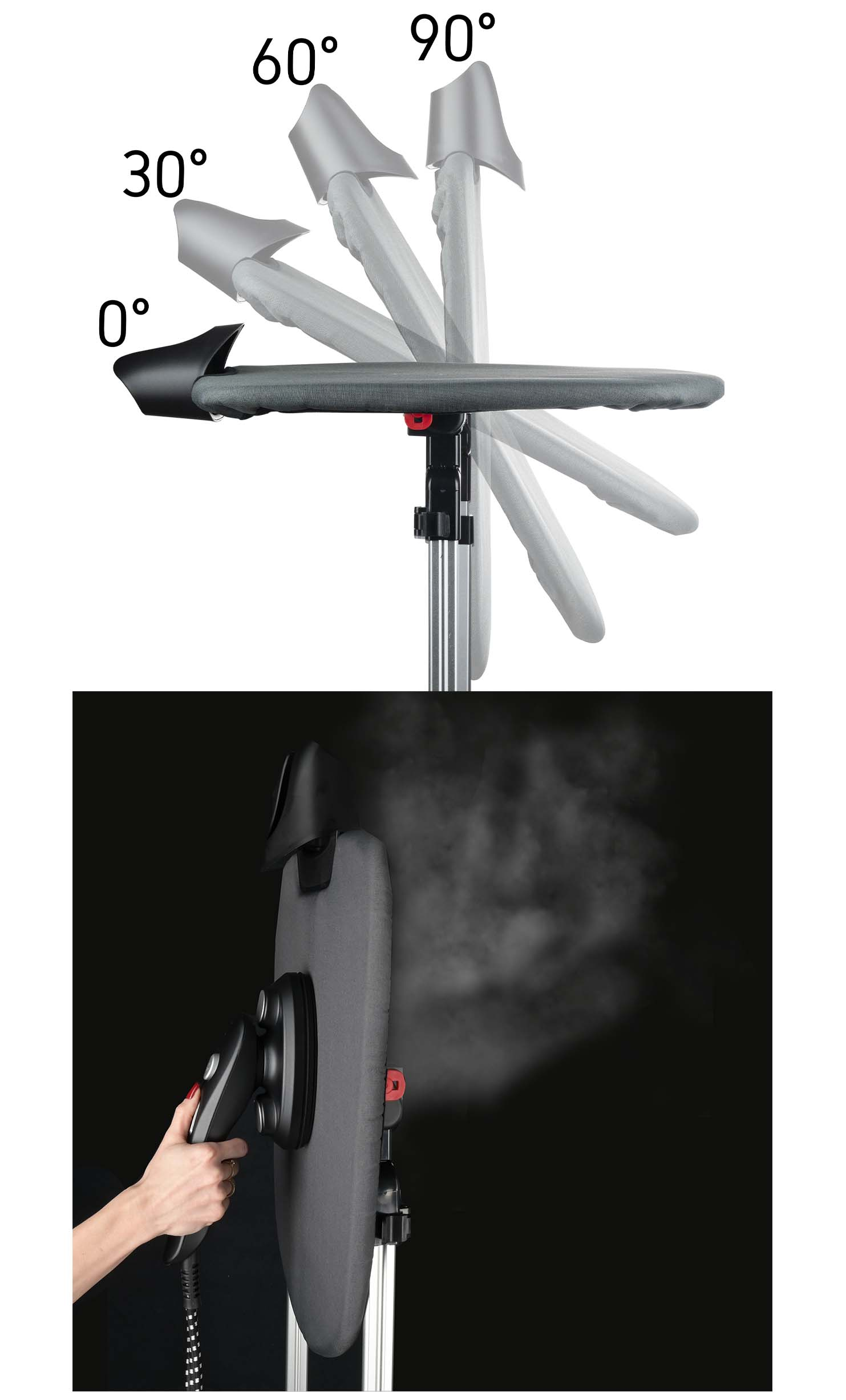 Żelazko i deska do prasowania. Deska jest regulowana z oznaczonymi kątami. Para unosi się z żelazka.