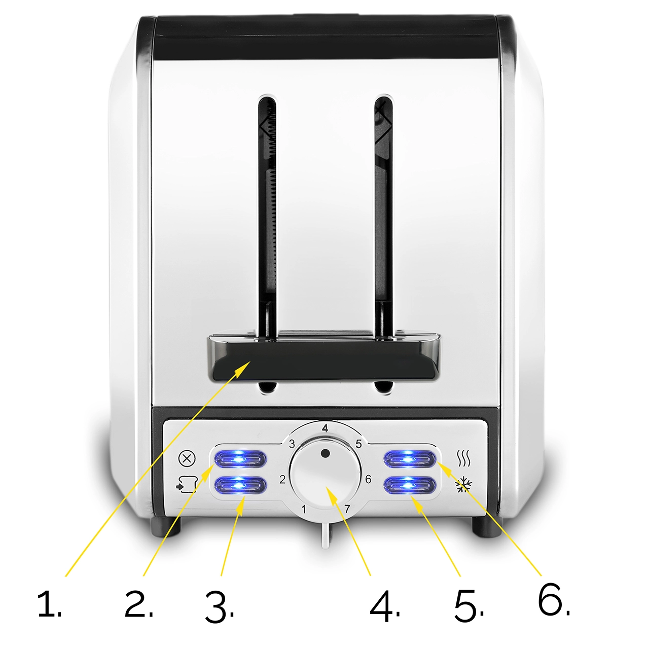 Srebrny toster z czarnym blatem i panelem sterowania. Ma szczeliny na chleb, przyciski i pokrętło do kontroli stopnia zarumienienia.