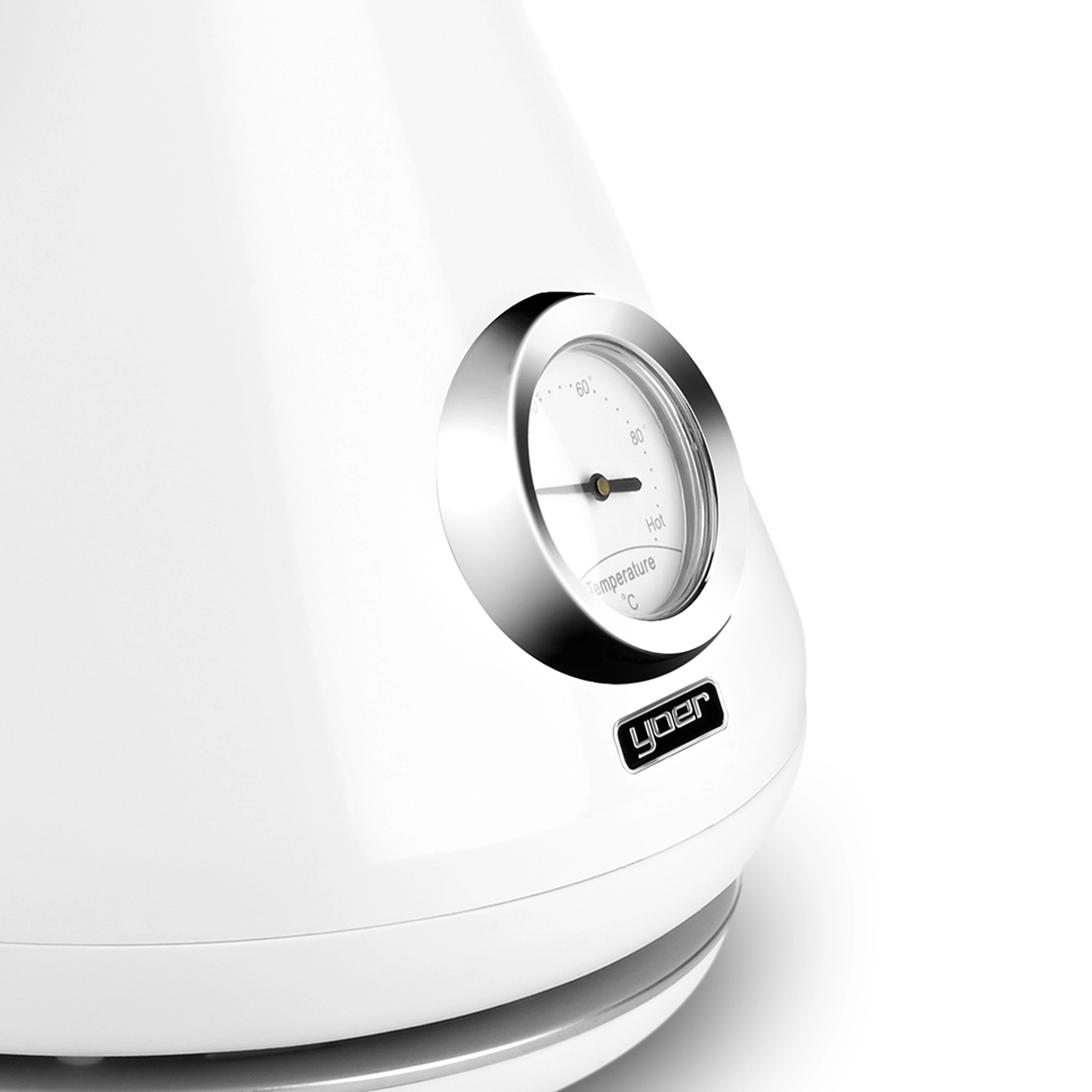 Zbliżenie białego czajnika elektrycznego ze wskaźnikiem temperatury. Wskaźnik pokazuje 80 stopni. Marka to 'yoer'.