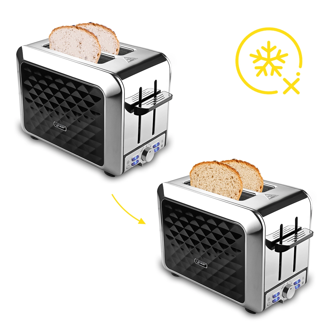 Dwa tostery z kromkami chleba. Jeden z surowym chlebem, drugi z tostowanym. Żółty symbol płatka śniegu po prawej stronie.