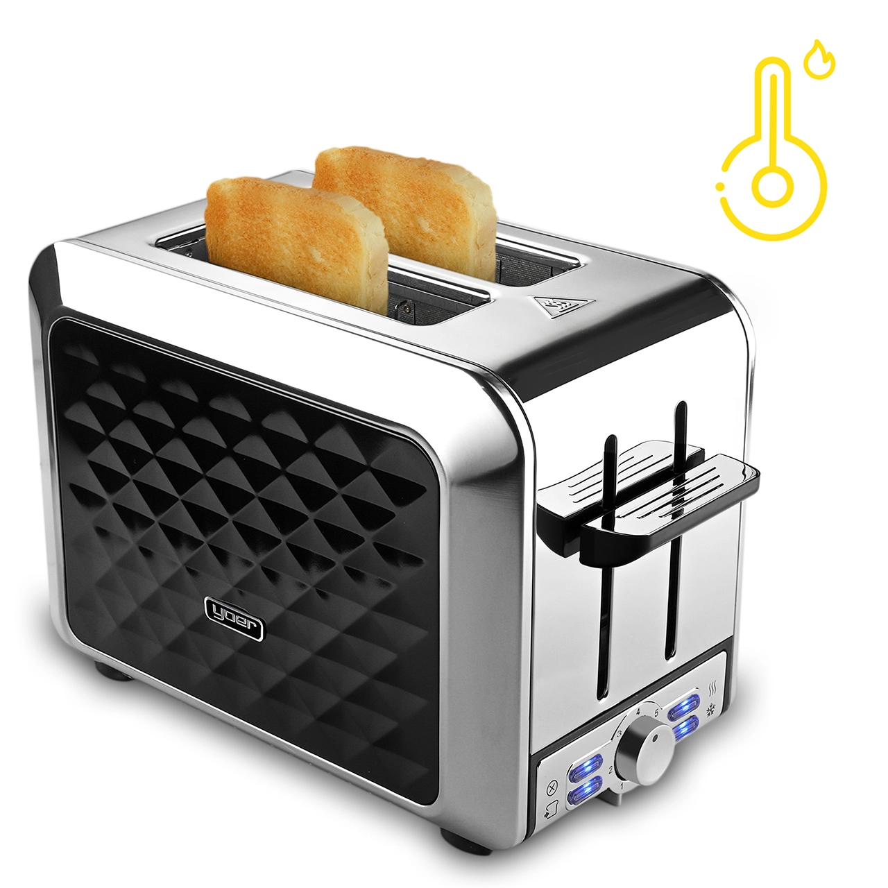 Chromowany toster z dwiema kromkami tostowanego chleba w środku. Ma czarny wzór w romby i pokrętło z niebieskimi światłami.