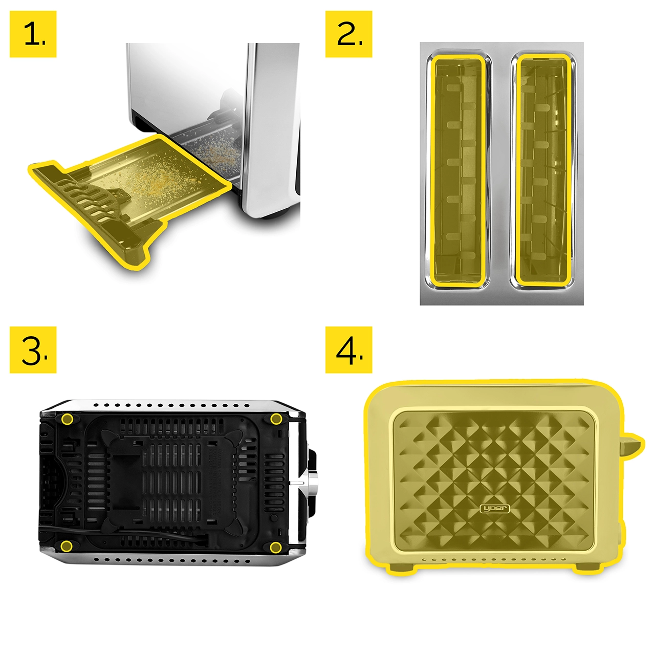 Cztery zdjęcia żółtego tostera, jego części oraz zbliżenie na szczeliny i tackę na okruchy.