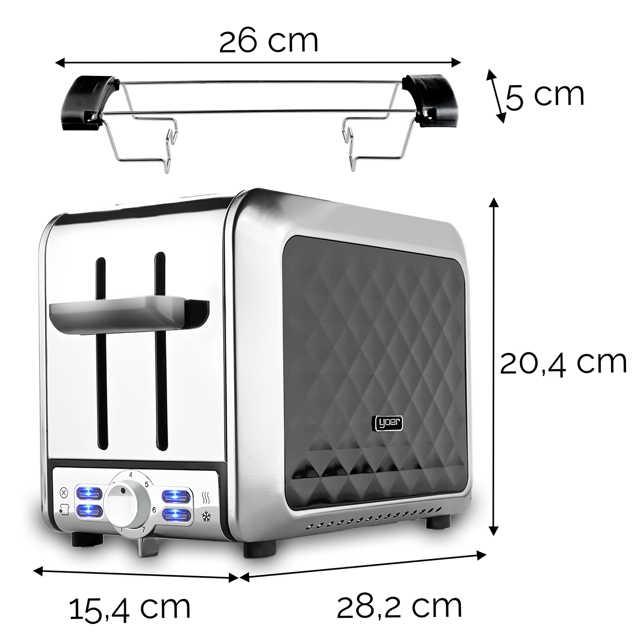 Srebrny i czarny toster z wymiarami. Nad nim ruszt. Toster ma pokrętło regulacji i szczeliny na chleb.