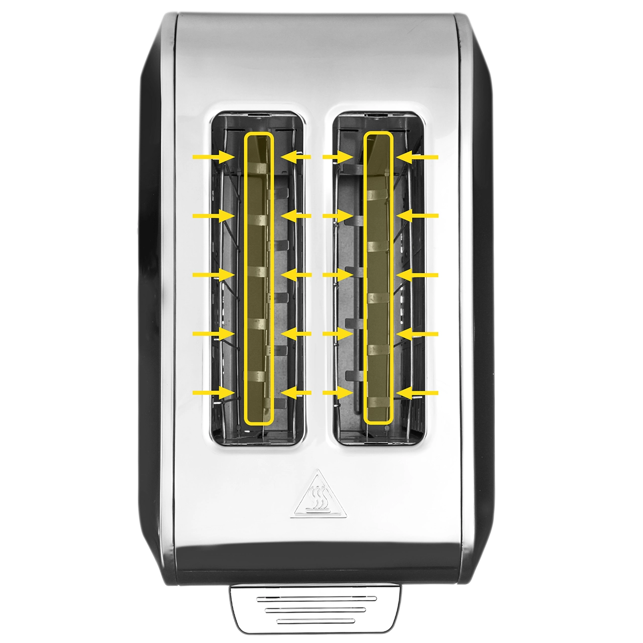 Chromowany toster z dwoma otworami pokazany z góry. Żółte strzałki podkreślają wewnętrzne elementy grzejne.