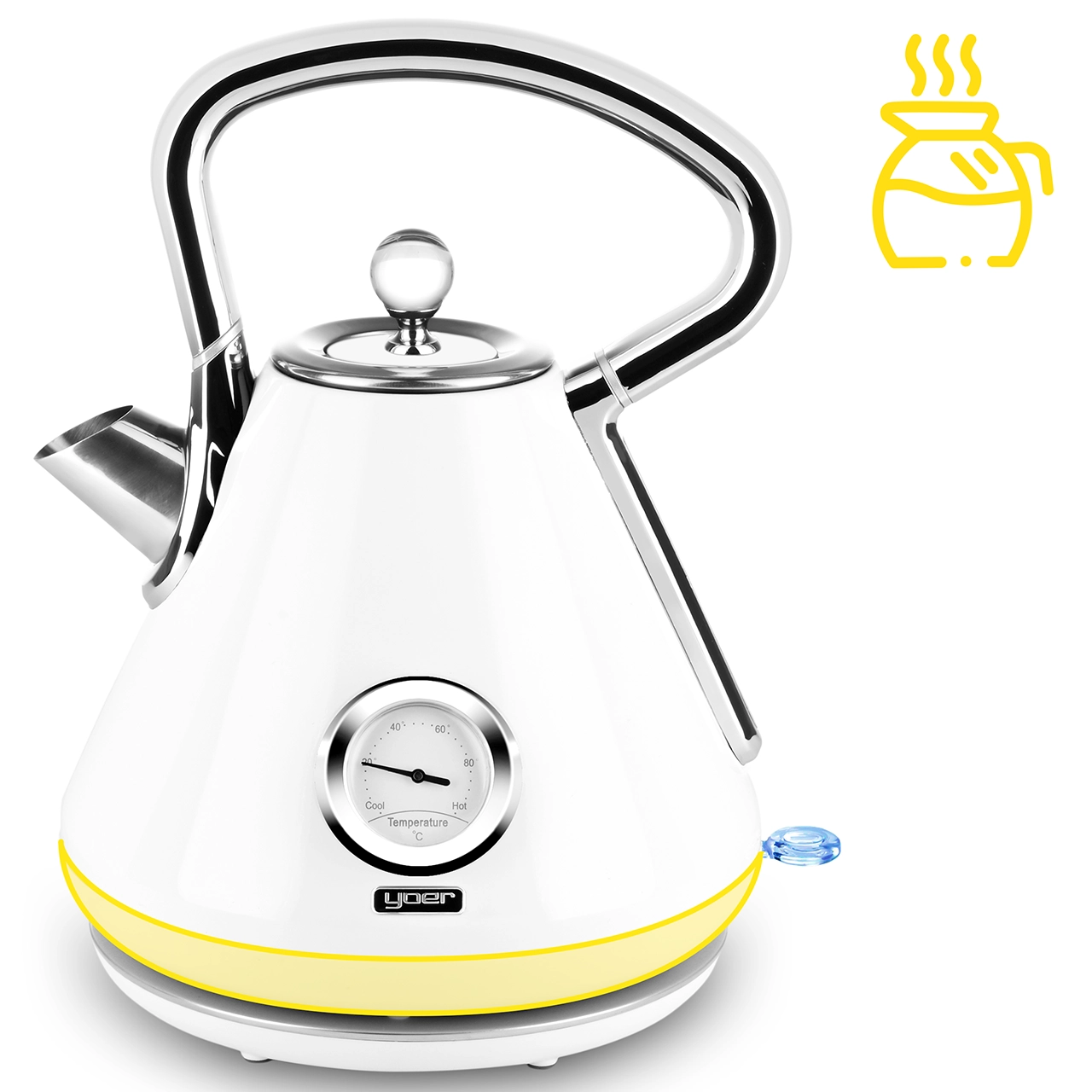 Biały i srebrny czajnik elektryczny ze wskaźnikiem temperatury. Żółta podstawa. Obecna ikona pary.