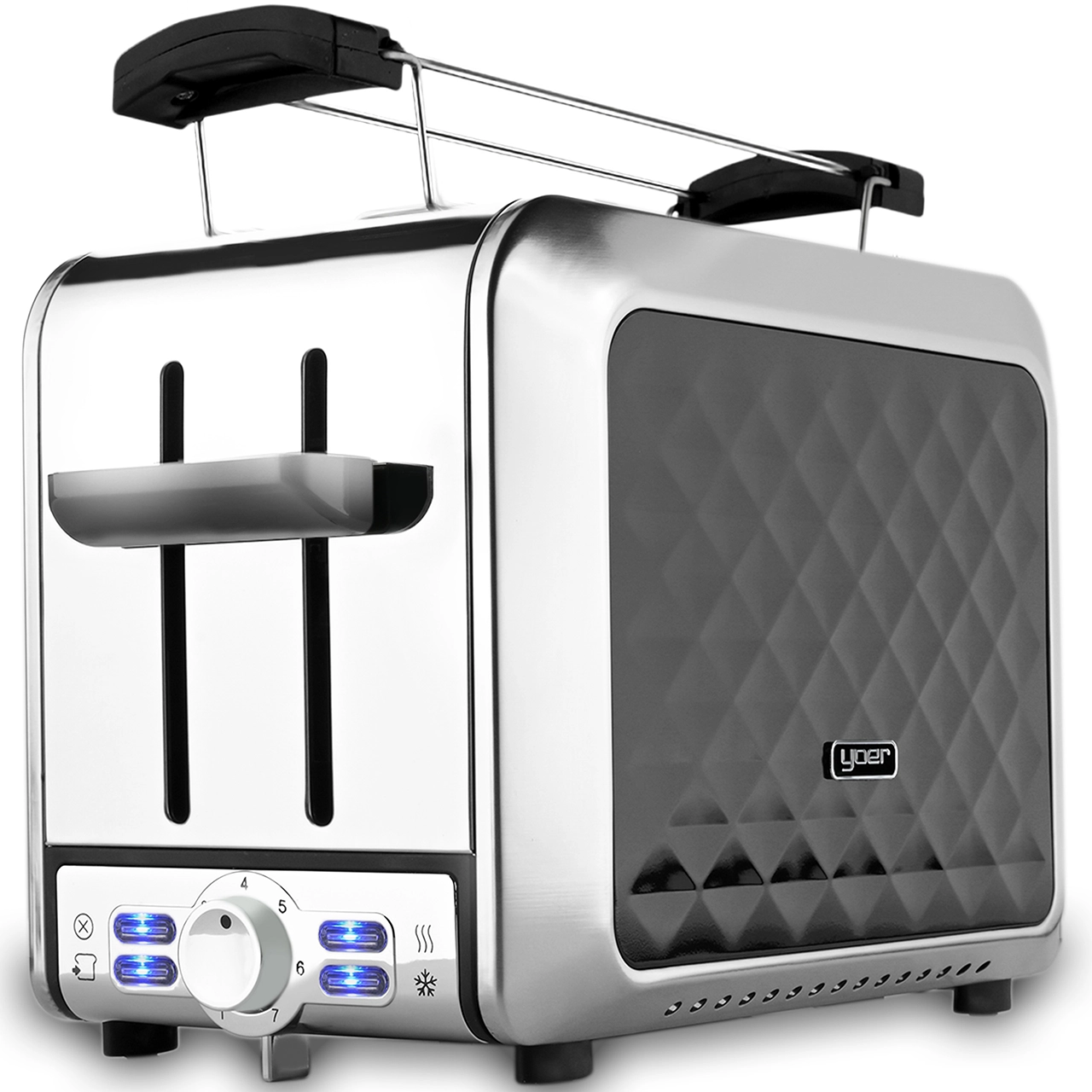 Srebrny toster z czarnym panelem bocznym w romby, przyciskami sterowania i dźwignią do wysuwania tostów.