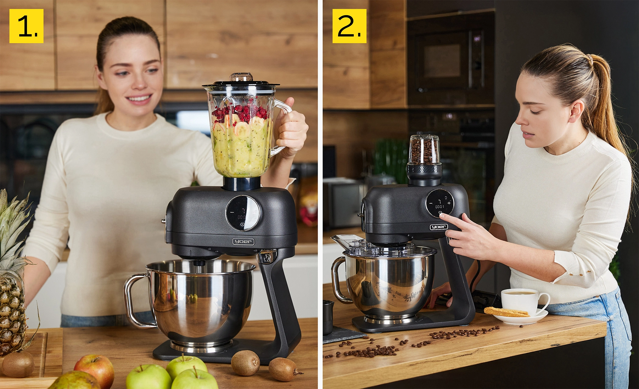 Kobieta z blenderem przygotowująca koktajl. Widoczne owoce. Kawa i filiżanka na stole.