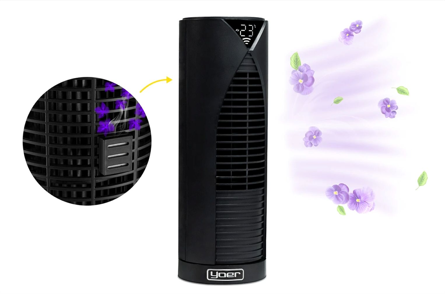 Czarny wentylator wieżowy z wyświetlaczem cyfrowym. Fioletowe kwiaty i liście unoszą się w powietrzu. Zbliżenie pokazuje filtr z fioletowymi elementami.