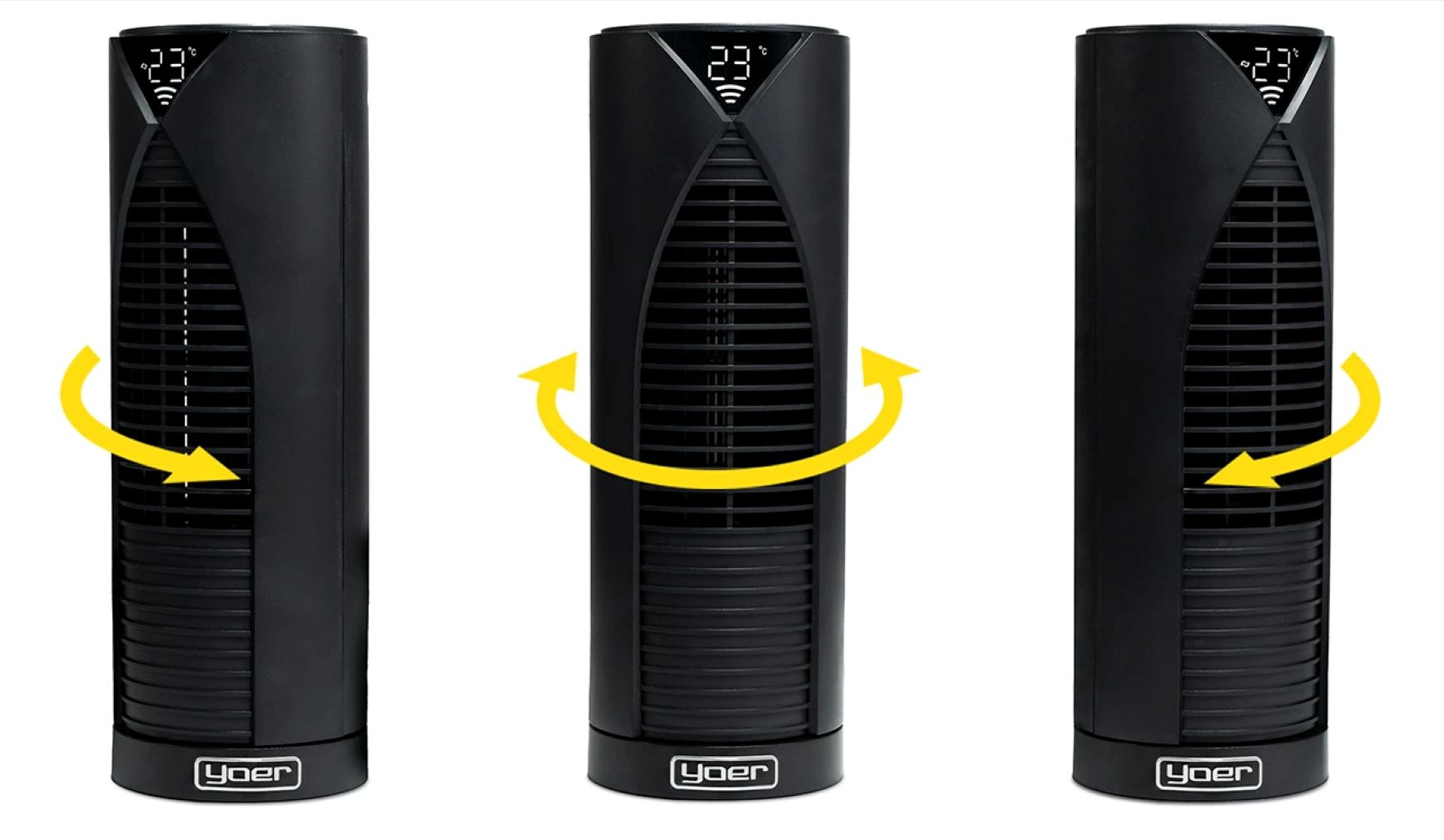 Trzy czarne wentylatory wieżowe pokazujące obrót. Każdy wentylator ma cyfrowy wyświetlacz pokazujący temperaturę. Żółte strzałki wskazują obrót.
