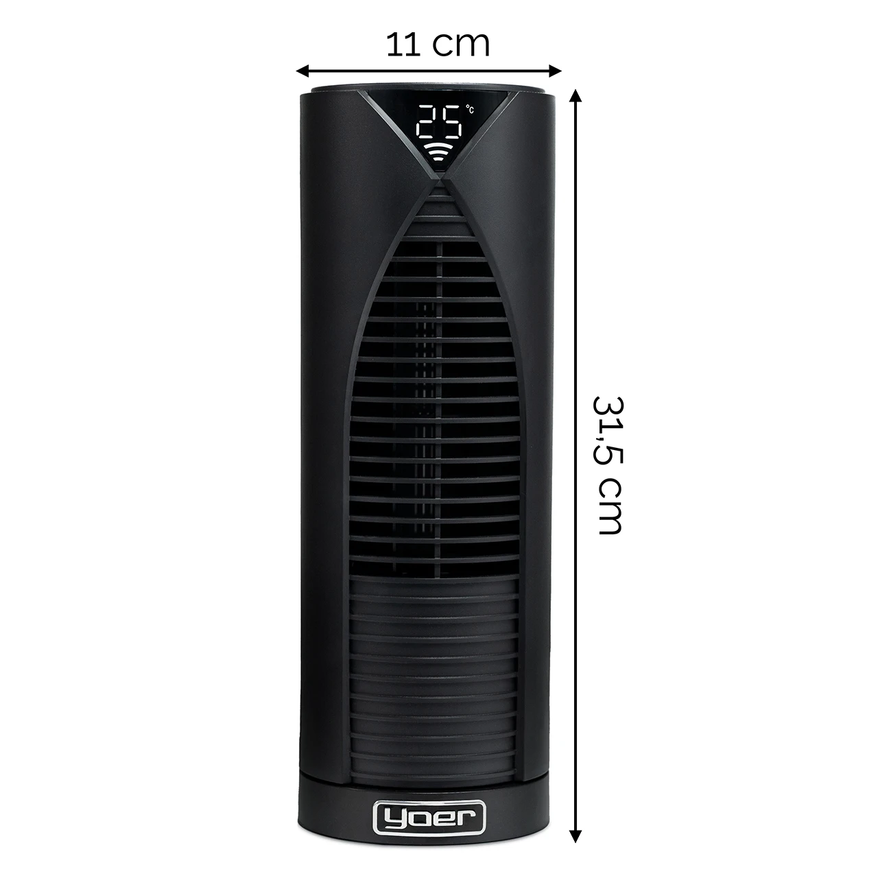 Czarny wentylator wieżowy z cyfrowym wyświetlaczem pokazującym 25 stopni Celsjusza. Wymiary: 11 cm szerokości, 31,5 cm wysokości. Marka 'Yoer'.
