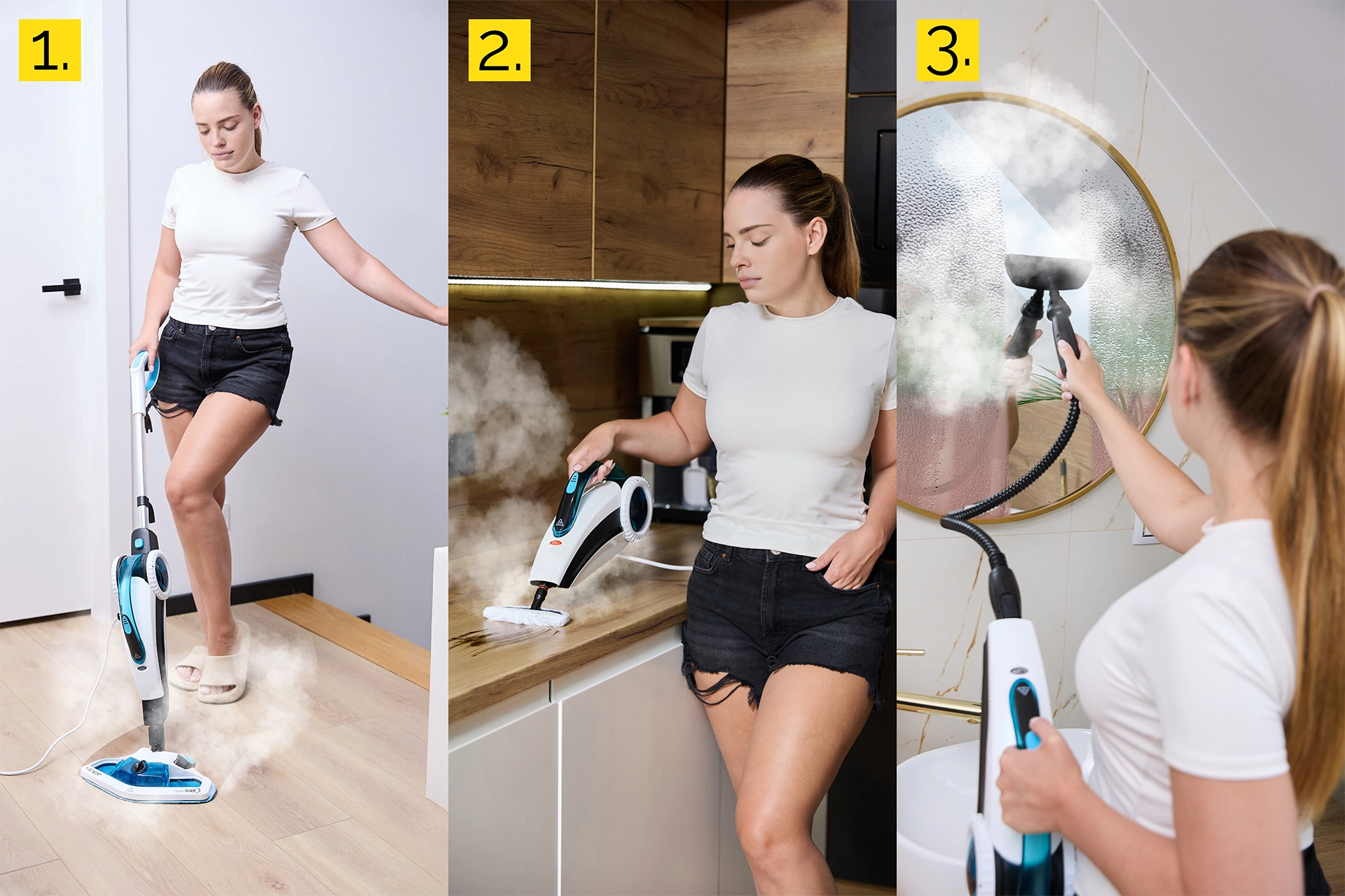 Kobieta w białej koszulce i szortach używa parownicy do podłóg, blatów i lustra, wytwarzając widoczną parę.