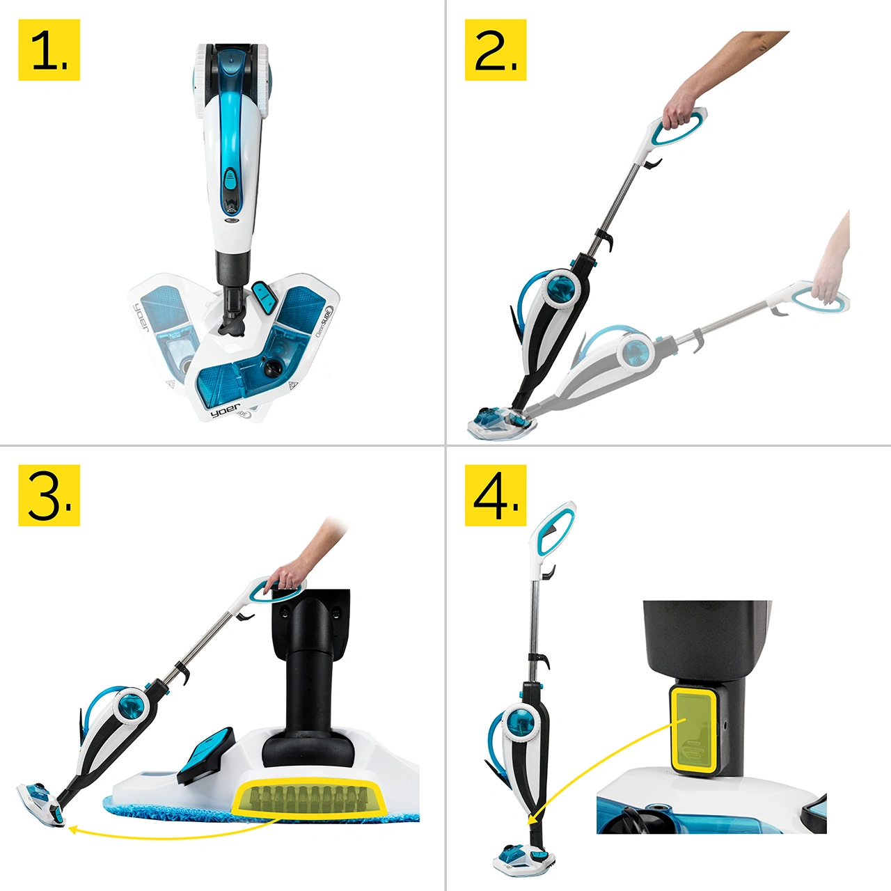 Biały i czarny mop parowy jest pokazany w czterech różnych krokach, demonstrując jego użycie i funkcje.