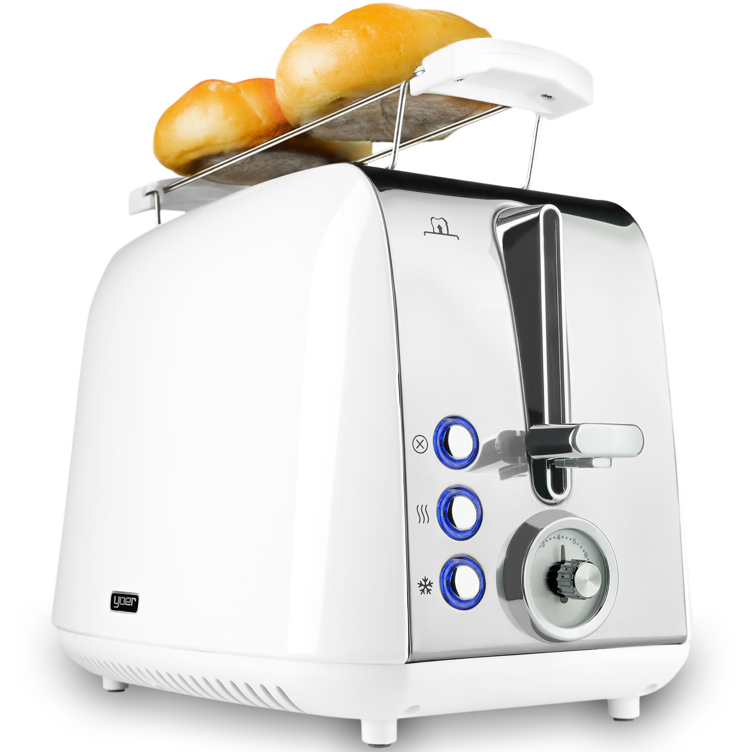Biały toster z dwoma bułkami na górze. Posiada podświetlane na niebiesko przyciski i timer.