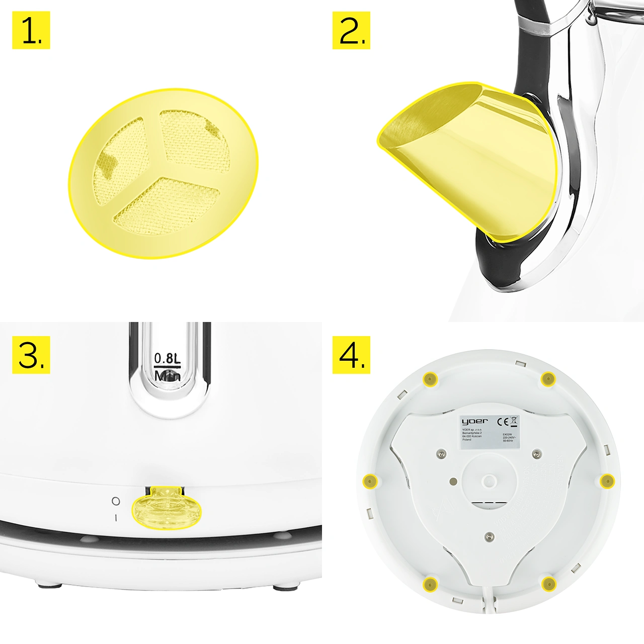 Cztery zdjęcia białego czajnika z żółtymi akcentami. Elementy to filtr, wylewka, podstawa i spód z detalami.