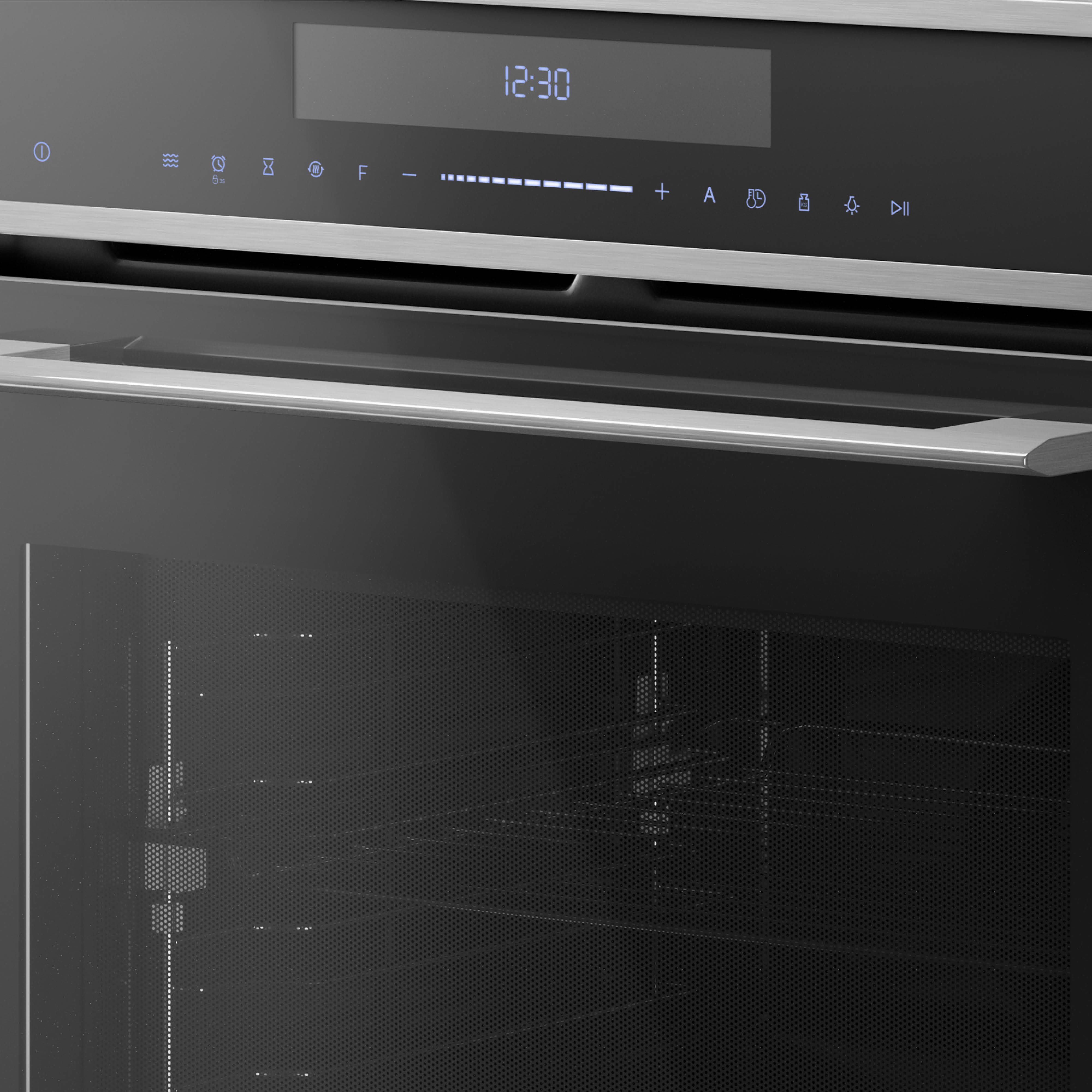 Oven display toont 12:30. Pictogrammen voor instellingen. Daaronder een handgreep en oveninterieur zichtbaar door een geperforeerde deur.