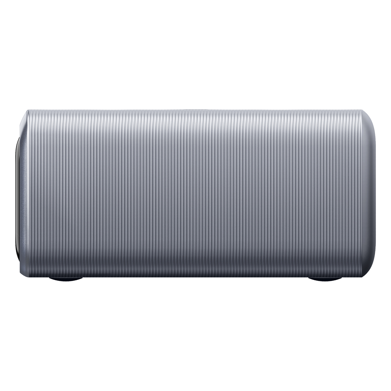 Prostokątne, srebrne urządzenie z pionową, żebrowaną teksturą. Zaokrąglone rogi i czarna podstawa. Izolowane na białym tle.