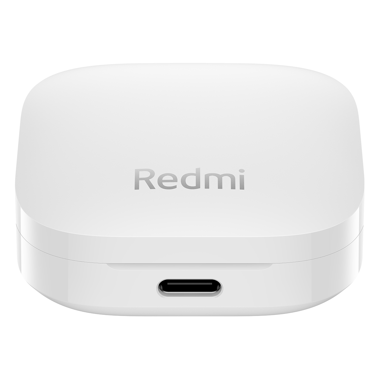 Een witte Redmi oplaadcase voor oordopjes met het Redmi-logo erop. Het heeft een USB-C-poort aan de onderkant.