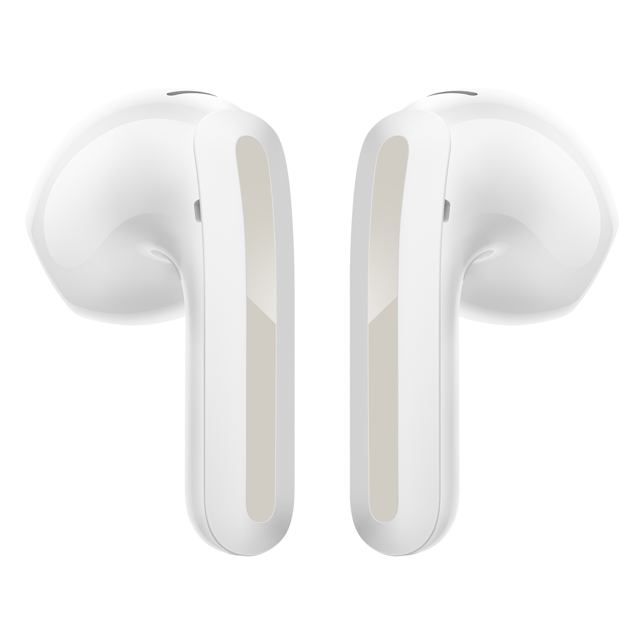 Twee witte draadloze oordopjes, naast elkaar geplaatst tegen een witte achtergrond. De oordopjes hebben een strak en modern design.
