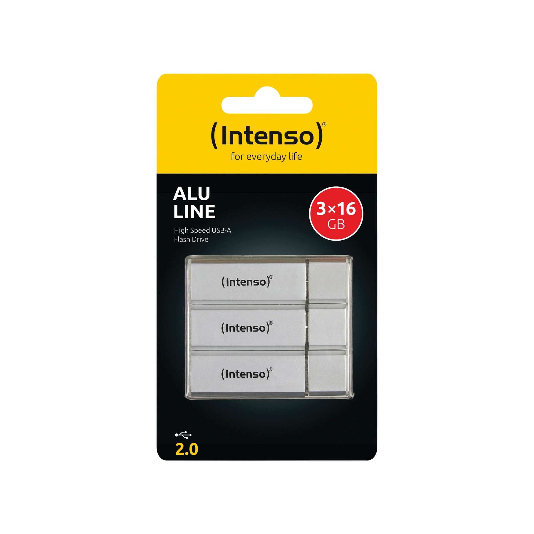 Opakowanie pendrive'a z marką Intenso. Ma trzy dyski USB, linię ALU, 3x16 GB i logo USB 2.0.