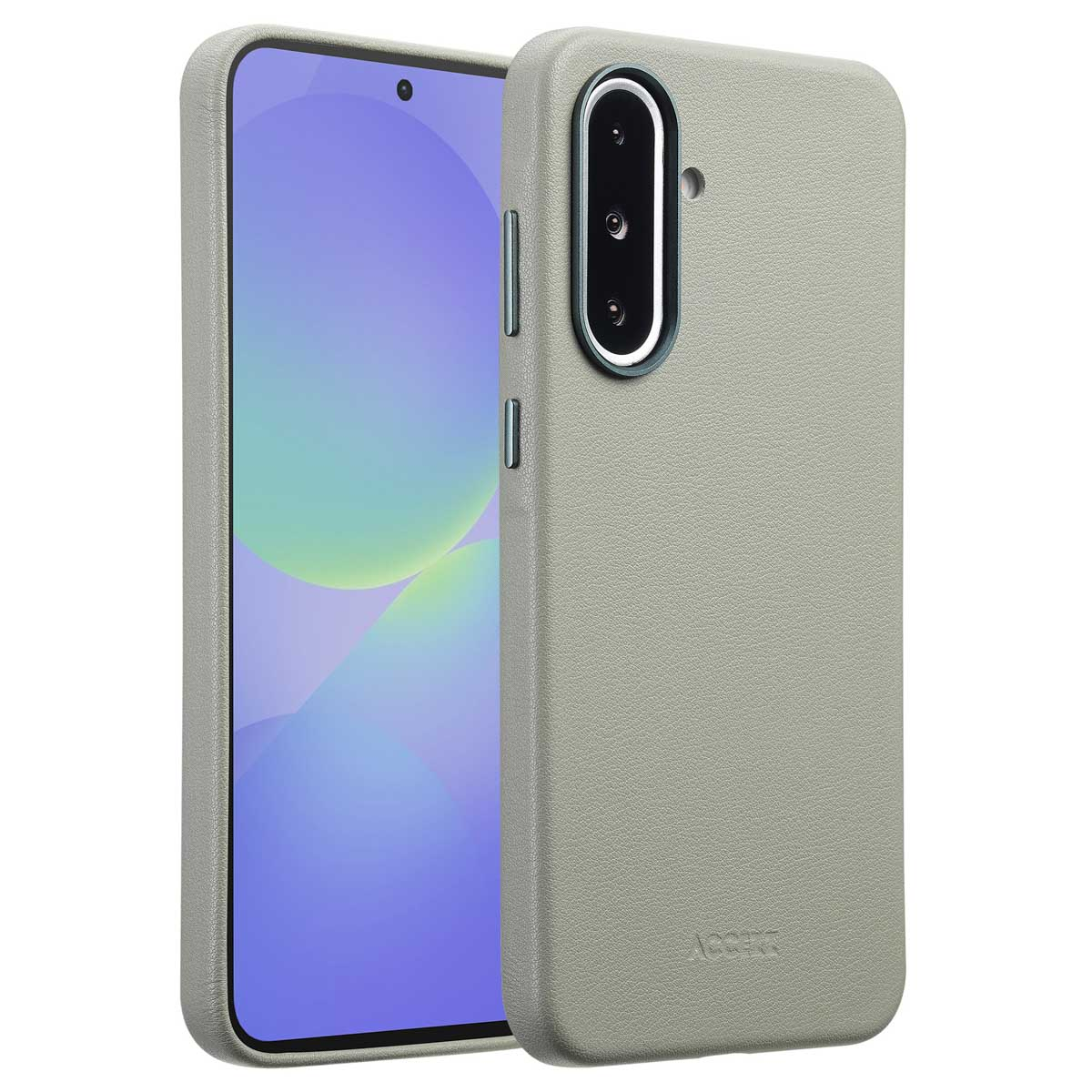 Twee smartphones, één weergegeven, één met een grijze hoes. De hoes heeft een getextureerd oppervlak en een camera-uitsparing. 'Acccek' is zichtbaar.