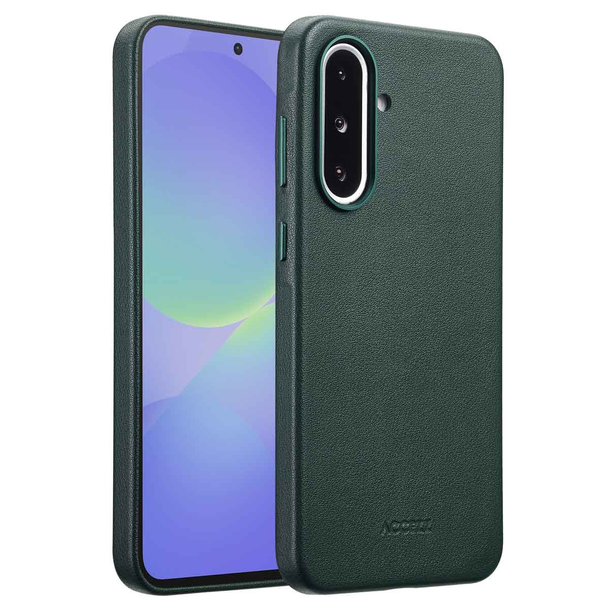 Groene telefoonhoes. De telefoon wordt van de zijkant getoond. De telefoon heeft een scherm. De hoes heeft een cameralgat en knoppen.