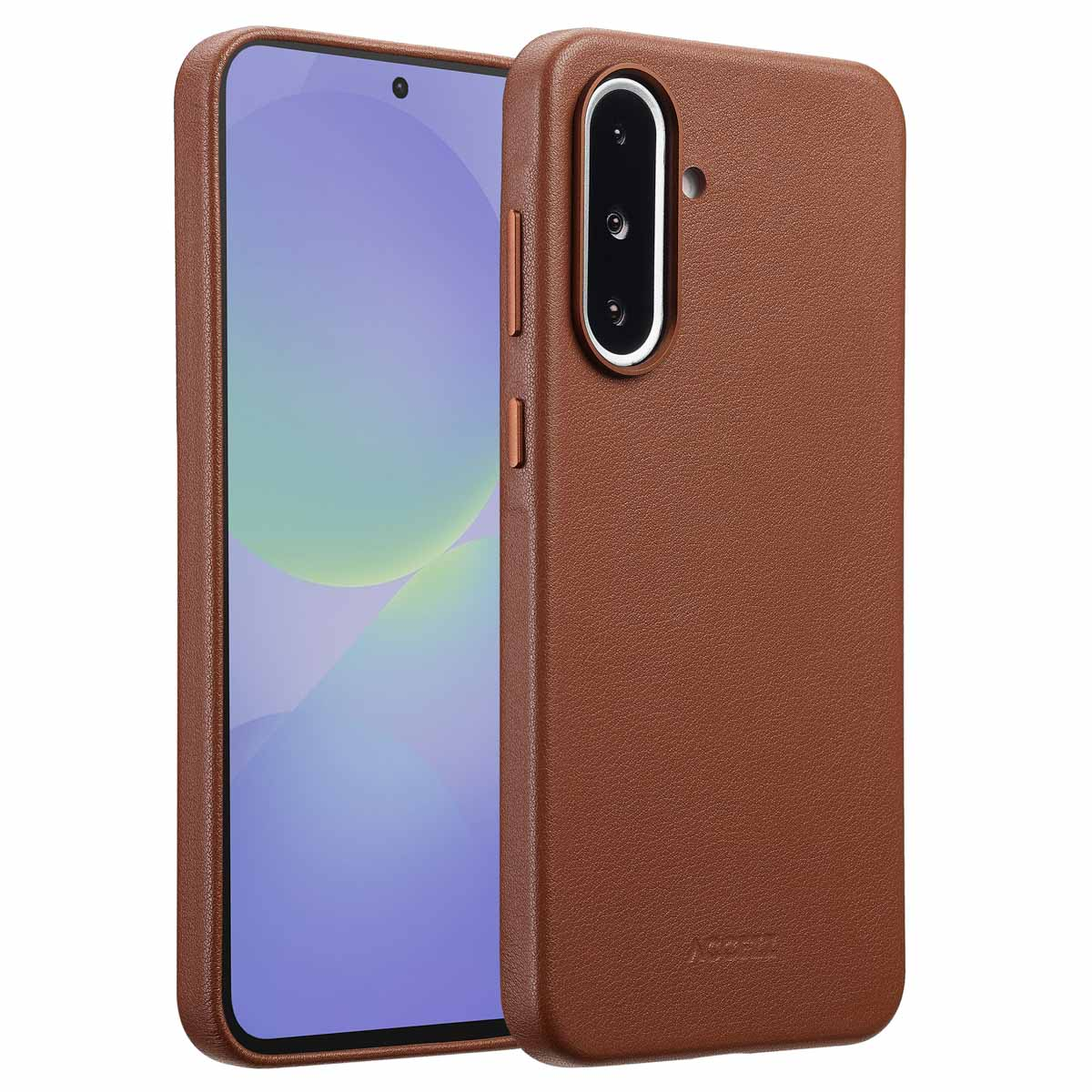 Een bruine leren telefoonhoes naast een telefoon met scherm. De hoes heeft een uitsparing voor de camera en knoppen aan de zijkant.