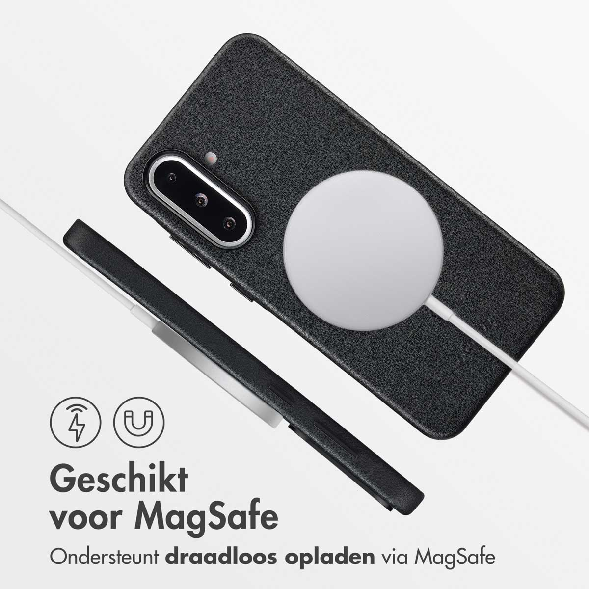 Een zwarte telefoonhoes met een witte MagSafe-oplader. Tekst eronder: Geschikt voor MagSafe, Ondersteunt draadloos opladen via MagSafe.