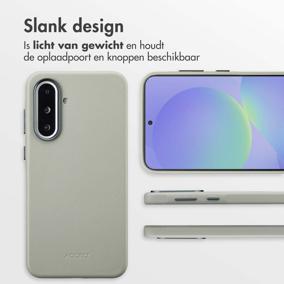 Een smartphone met een lichtgrijze hoes. De telefoon staat rechts en de hoes links. Boven staat 'Slank design'.