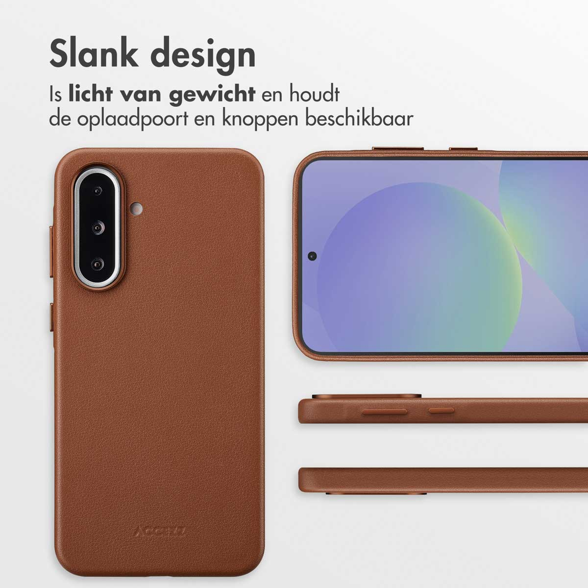 Een bruine telefoonhoes en een telefoon worden weergegeven. De hoes zit links met het telefoonscherm rechts, samen met andere hoesonderdelen.
