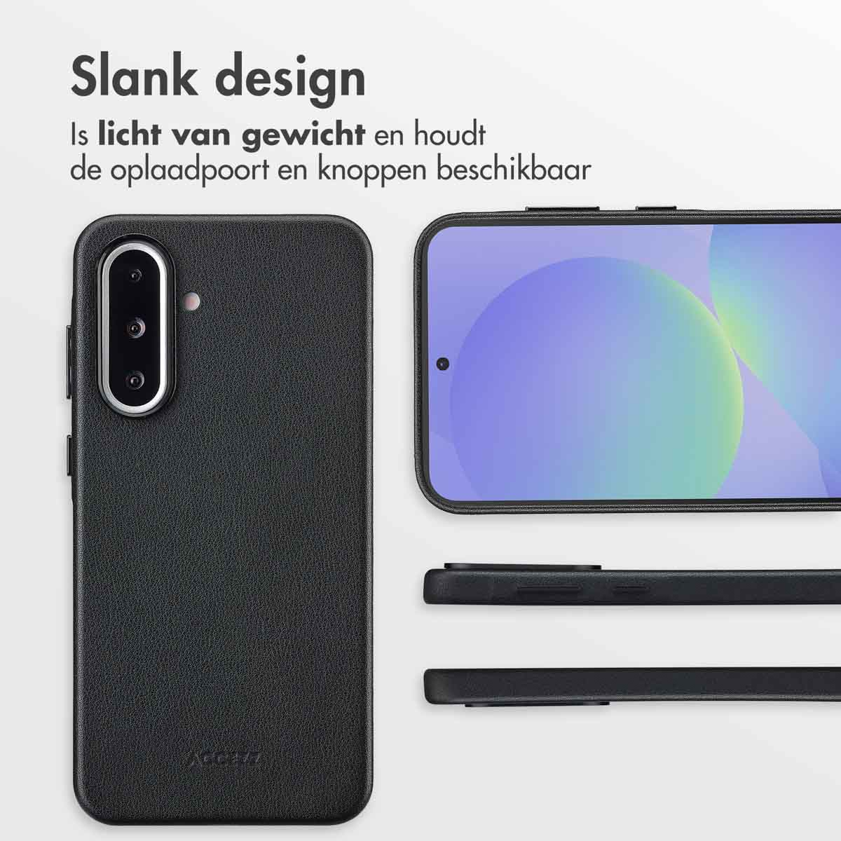 Zwarte telefoonhoes en telefoonscherm. Tekst: Slank design. Lichtgewicht en houdt de oplaadpoort en knoppen toegankelijk.