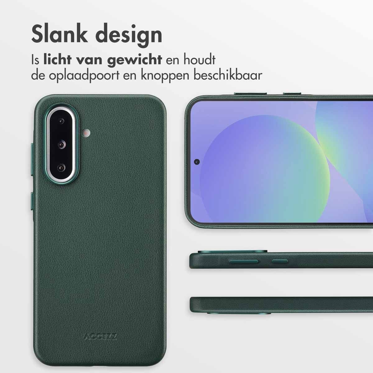 Groene telefoonhoes en telefoonscherm op witte achtergrond. Boven staat 'Slank design'.