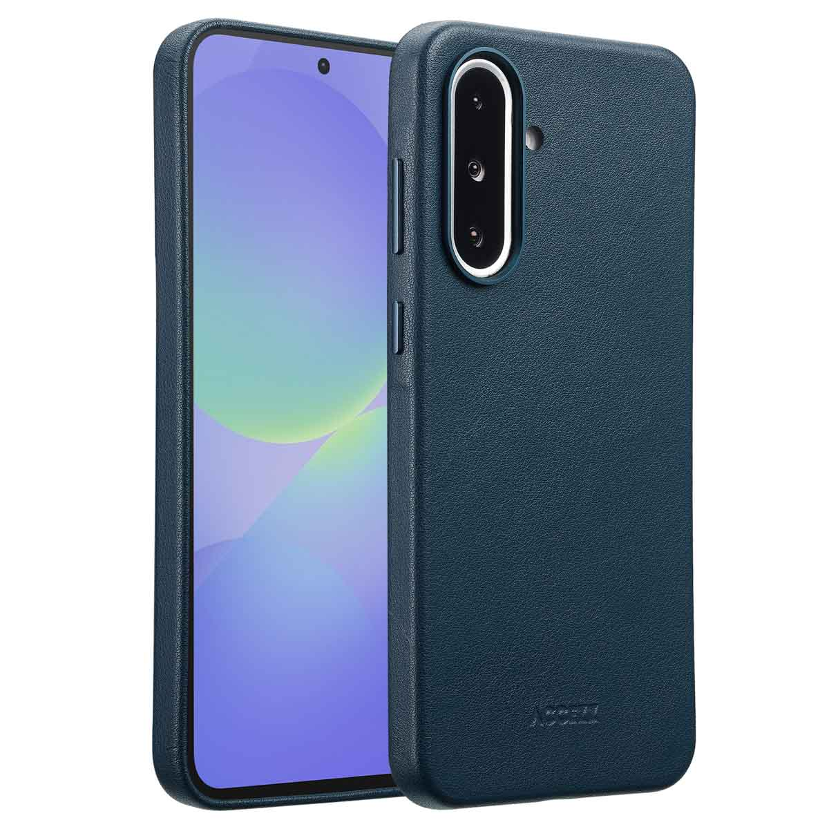 Een teal telefoonhoesje met een telefoon erin. De hoes is getextureerd. Het telefoonscherm is zichtbaar en toont een wazige afbeelding.