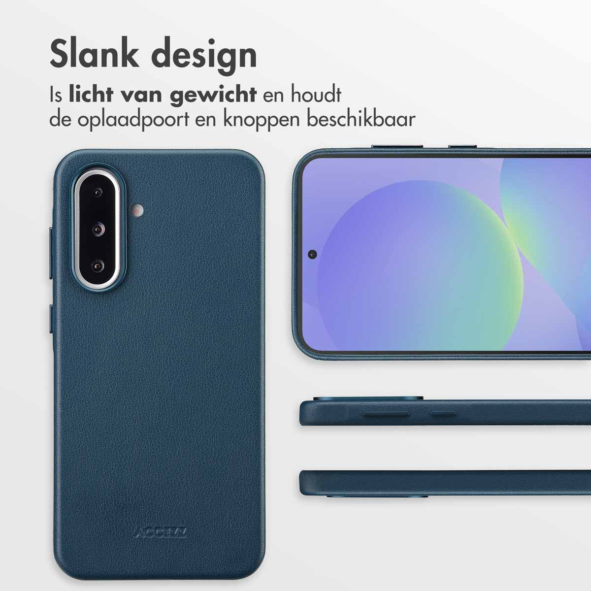 Blauwe telefoonhoes met telefoon, scherm en knoppen. Tekst erboven: 'Slank design'.