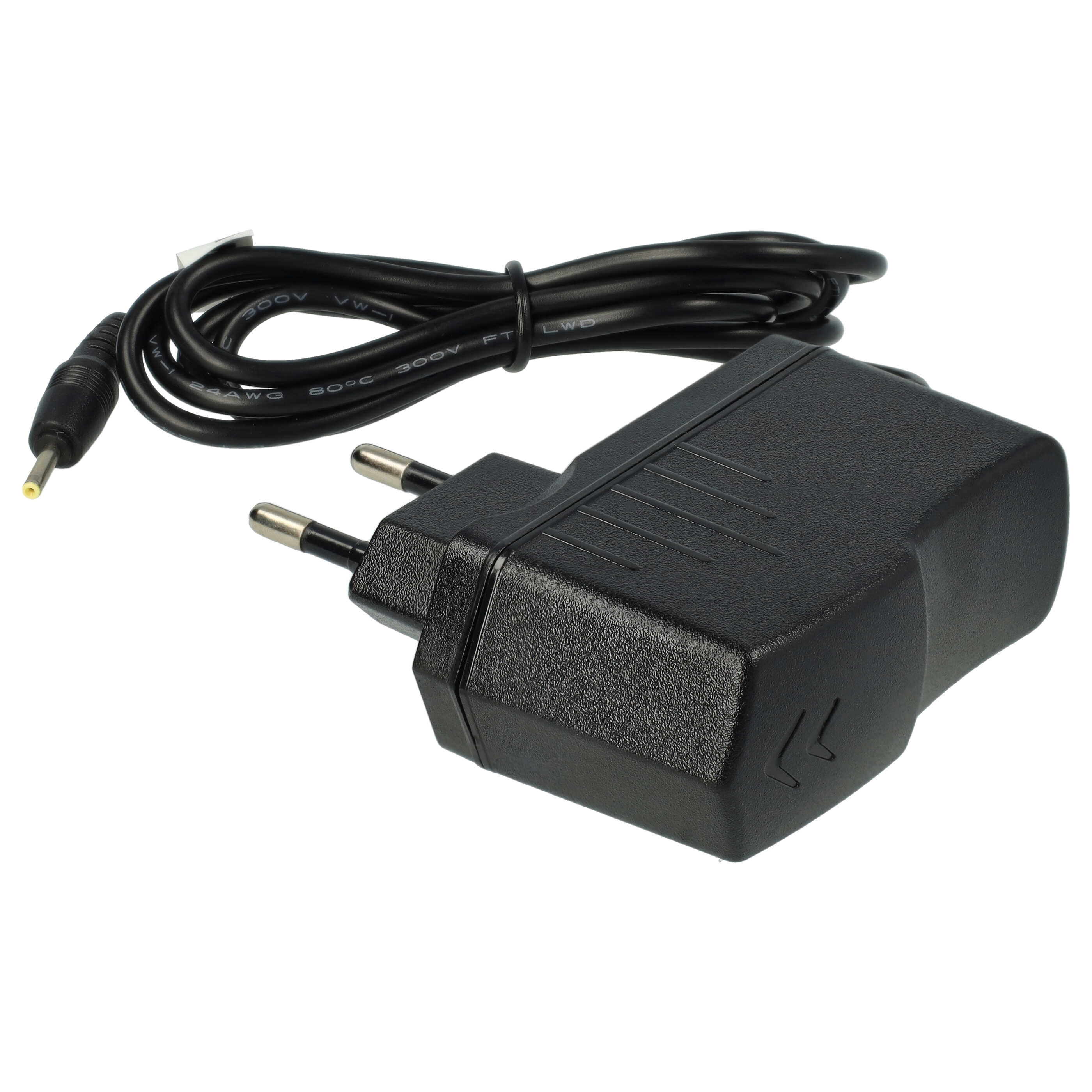Schwarzes Netzteil mit schwarzem Kabel und Stecker auf weißem Hintergrund.