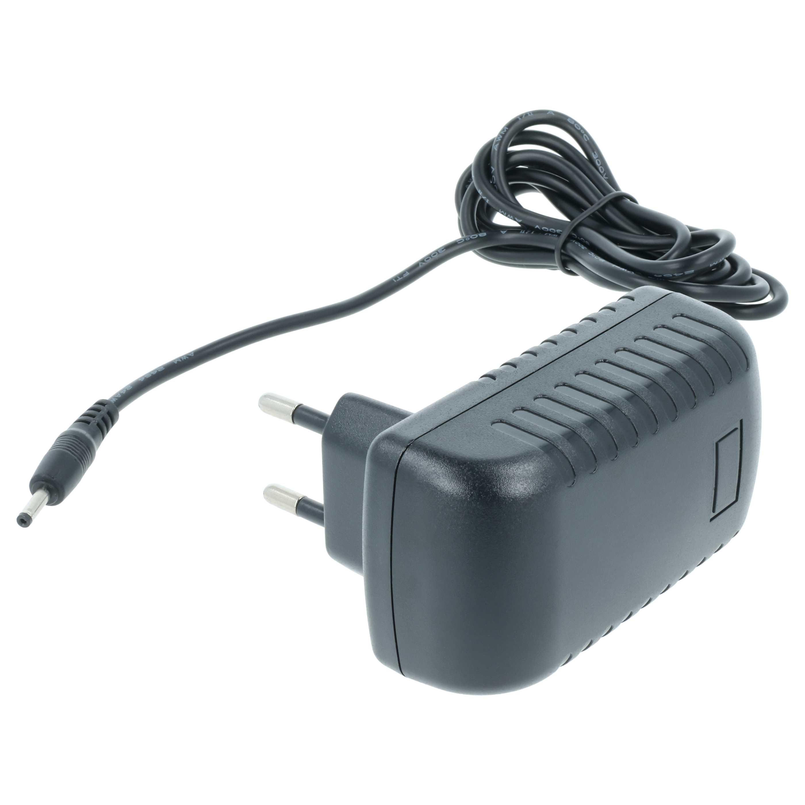Schwarzer Netzadapter mit Stecker und Kabel, isoliert auf weißem Hintergrund. Der Adapter hat einen DC-Anschluss.