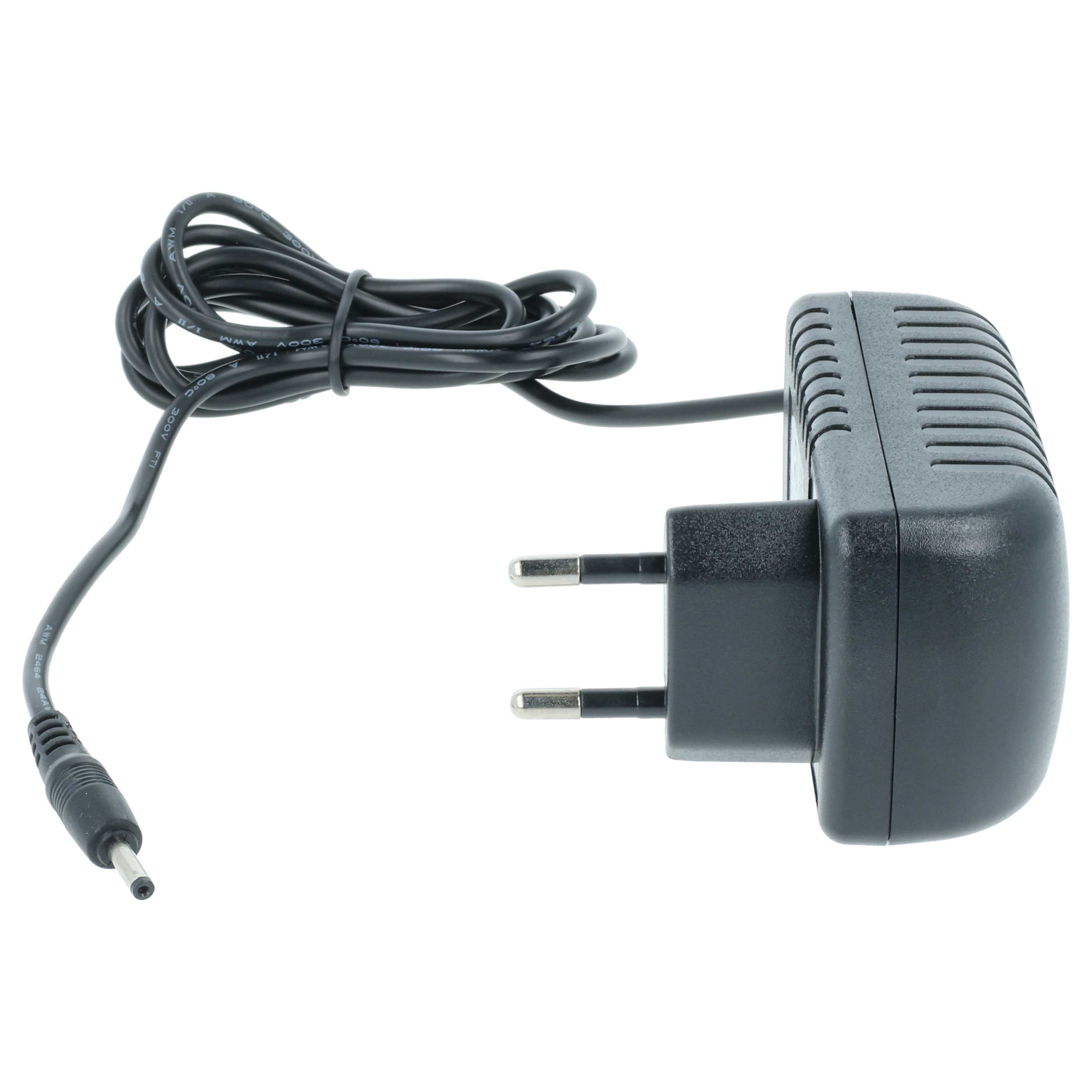 Ein schwarzes Netzteil mit einem zweipoligen Stecker und einem schwarzen Kabel. Weißer Hintergrund.