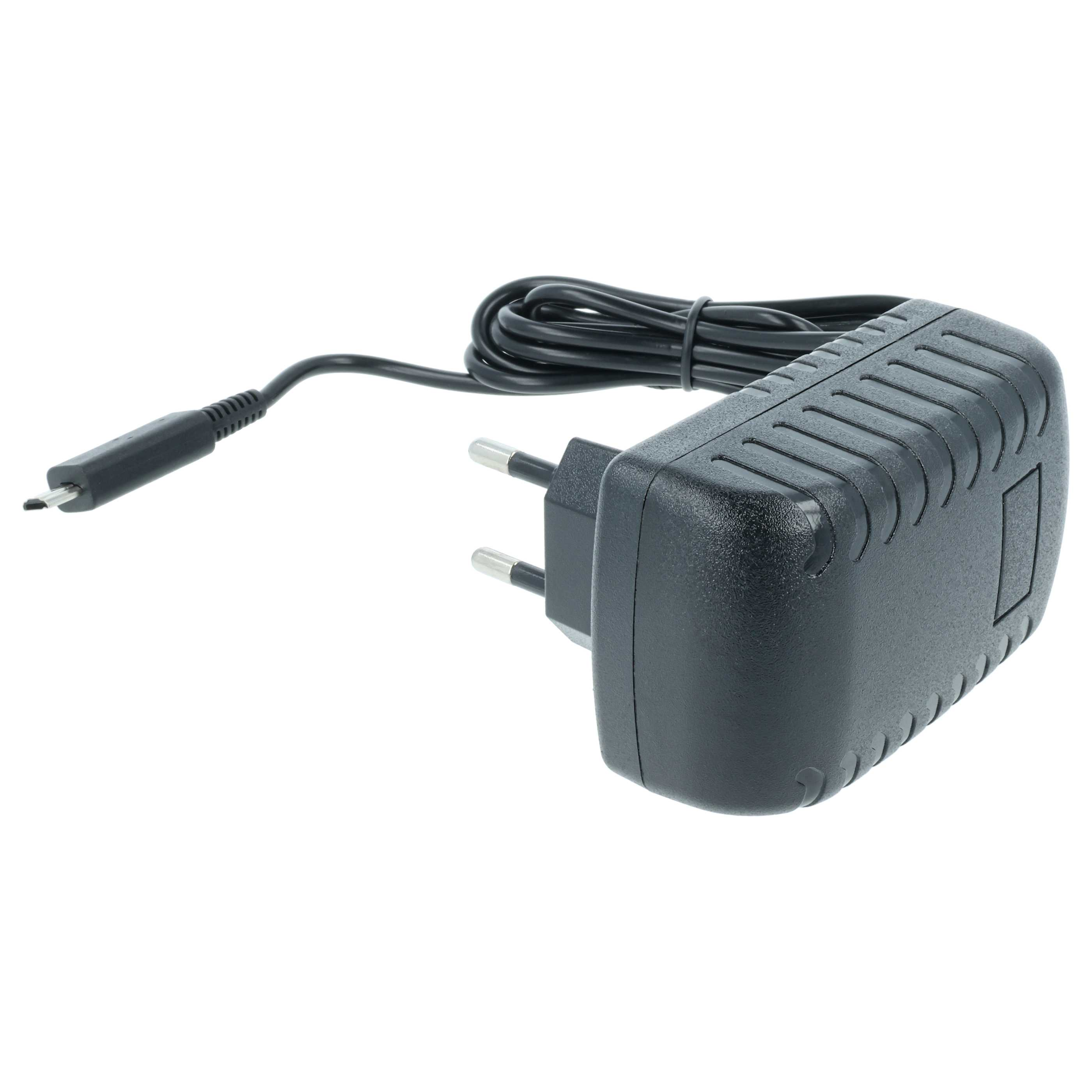 Ein schwarzes Netzteil mit Eurostecker, Kabel und Micro-USB-Anschluss, isoliert auf Weiß.