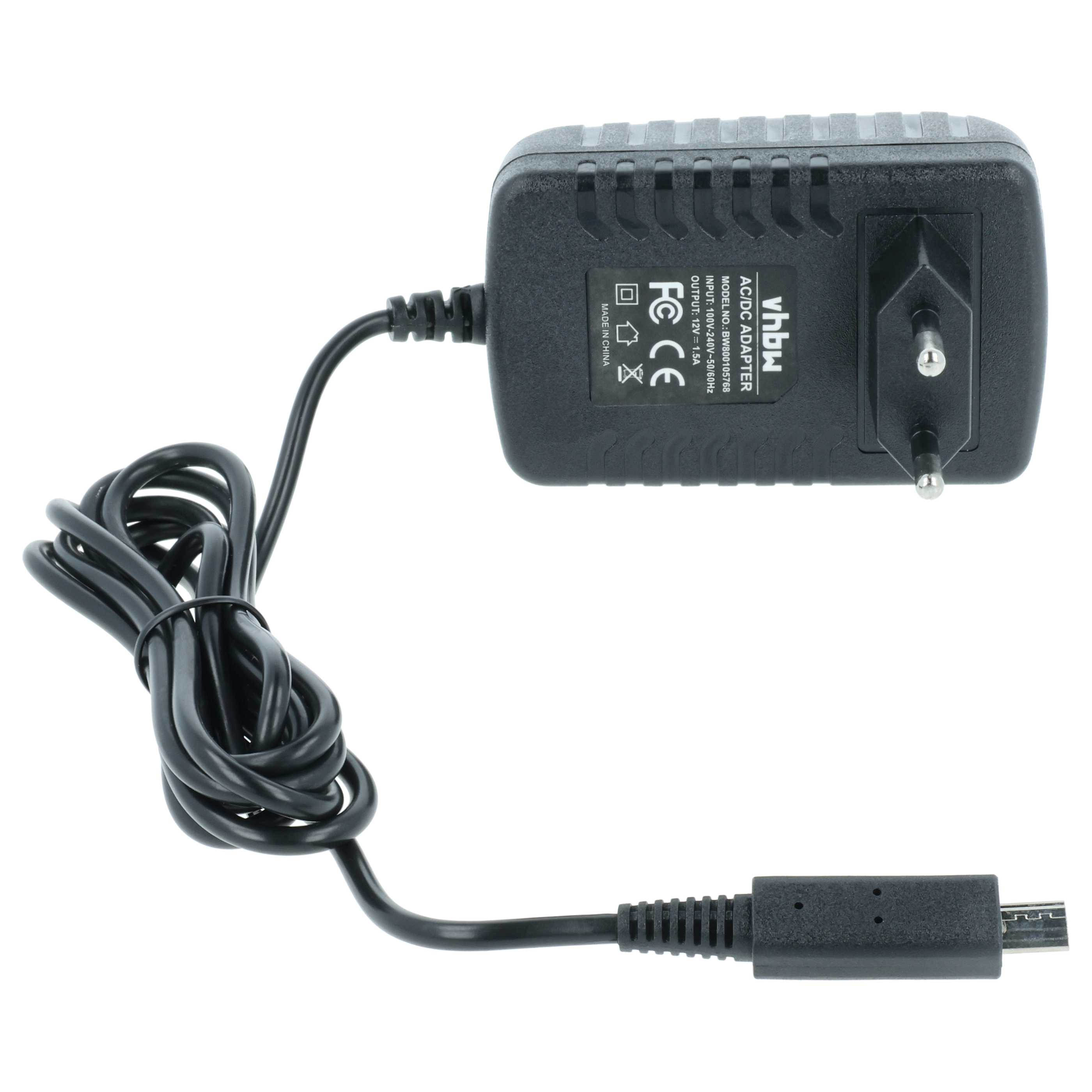 Ein schwarzes AC/DC-Netzteil mit Kabel und Micro-USB-Anschluss. Weißer Hintergrund.
