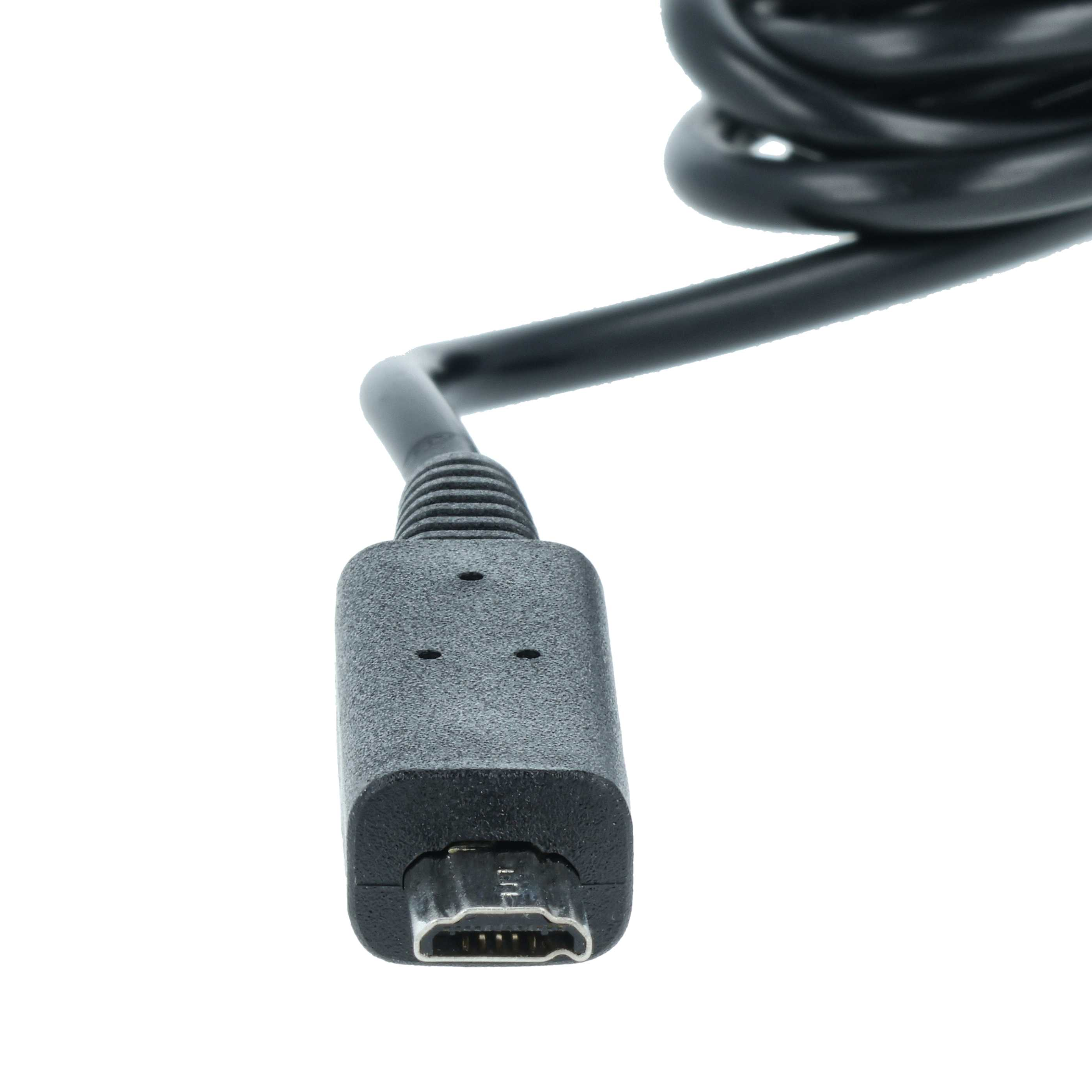 Nahaufnahme eines schwarzen USB-Kabelanschlusses vor weißem Hintergrund. Das Kabel ist gebogen.